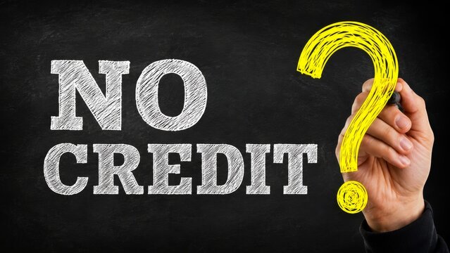 A hand holding a marker writes "NO CREDIT?" on a blackboard, suggesting a theme of financial inquiries or credit issues.