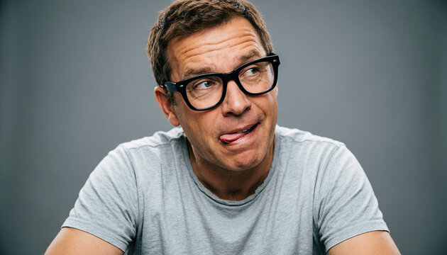 A man with glasses makes a funny, skeptical face with his tongue out. Generative AI