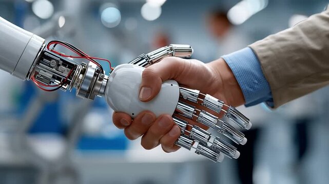 Humanoid Robot Handshake with Human: A human hand firmly grasps the metallic appendage of a sophisticated humanoid robot, symbolizing a groundbreaking collaboration between man and machine.