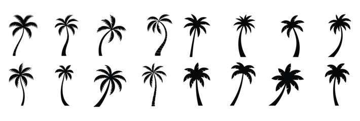 Collection of Palm Tree Silhouettes: A variety of stylized palm tree silhouettes, perfect for tropical or summer themes. beach graphic, tropical icon, vacation symbol, island vibe, nature design. © Jibit