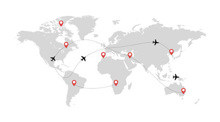 Global Air Travel Network: A stylized world map illustrating flight routes and destinations with airplane icons. international flights, travel planning, logistics, transportation. © Jibit