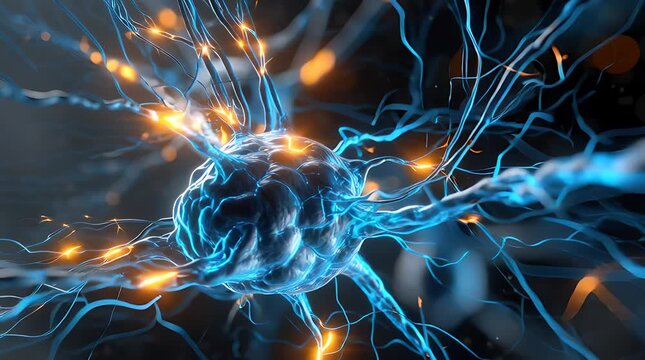 Abstract visualization of a human neuron with glowing synapses and electrical impulses.