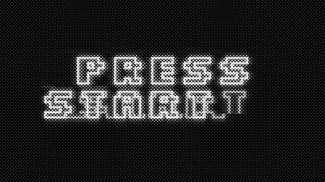 Retro pixel art style Press Start text message animation with glitches and screen distortions