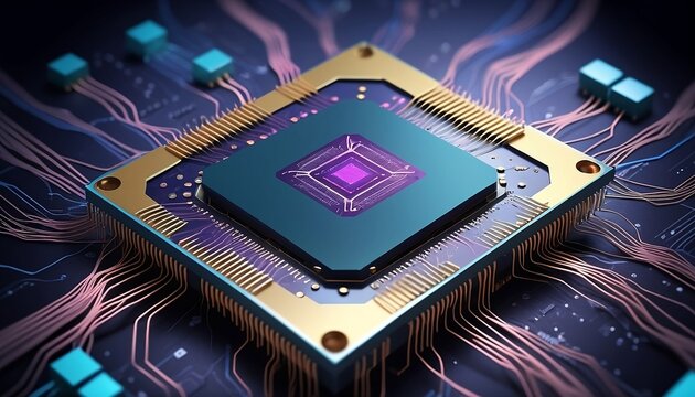 Abstract technology background of a quantum computing system with processor and electronic circuit. Artificial neurons, global data connections, created with generative ai