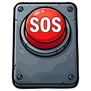 Red sos button on a gray metal plate red button distress signal