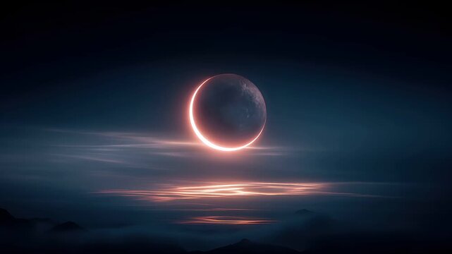 Eclipse, fantasy, mysterious, supernatural. A digital artwork depicts a celestial scene during a total solar eclipse. The celestial body is illuminated by a radiant, glowing ring of light.