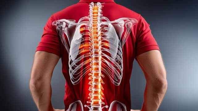 Human Spine Anatomy and Pain: A close-up rear view of a human torso highlights the skeletal structure of the spine and rib cage. The spine glows with an intense red, indicating pain or inflammation.