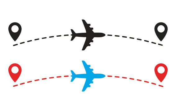Airplanes with route paths and location markers flight paths
