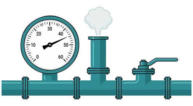 Teal industrial pipe with gauge, valve, and steam vent