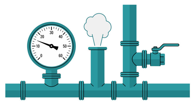 Teal industrial pipe system with gauge and steam vent