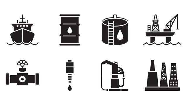 Heavy oil industry processing icons collection, including offshore drilling rig, platform, and refinery