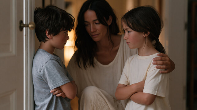 Two siblings squared off in a narrow hallway, arms crossed, faces flushed, while their mother crouches between them at eye level with one hand on each child's shoulder, actively mediating the disput