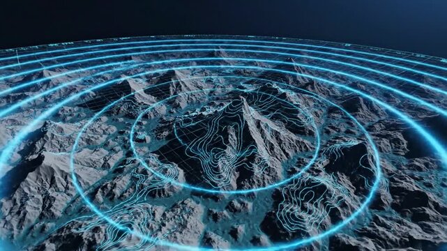 Mountain range topography is illuminated by glowing blue circular data rings that represent advanced geological survey technology and global environmental monitoring systems in a digital landscape.