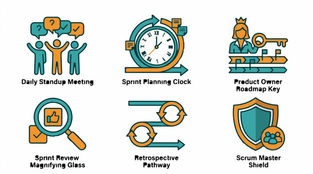 Set of six flat vector icons representing agile project management processes including daily standup sprint planning and product roadmap development