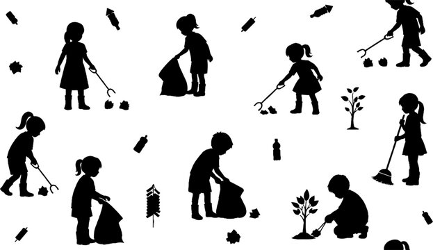 Kids cleaning environment and planting trees seamless pattern