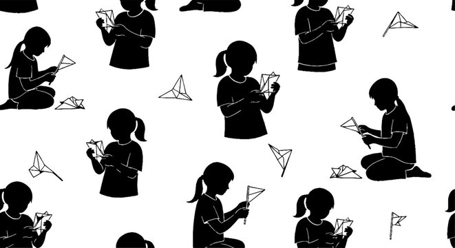 Children doing origami paper craft activities seamless pattern
