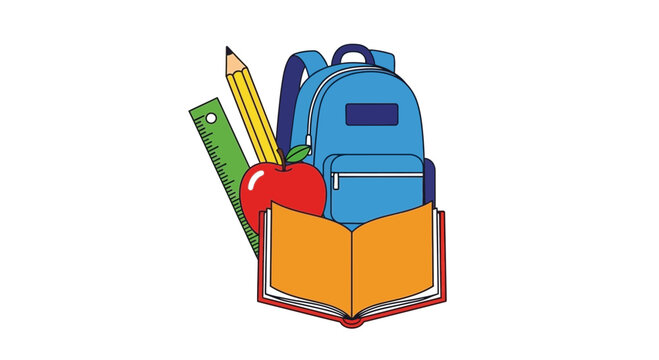 Colorful school supplies illustration featuring a backpack open book apple ruler and pencil.