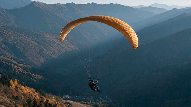 Paraglider catching thermal updraft above autumn-colored alpine valley, harness suspended against vast mountain panorama, variometer instrument visible, glider wing fabric taut in rising air column,