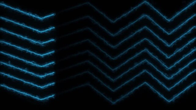 Abstract neon blue electric zigzag lines moving across black background creating rhythmic pulses with energy light effects glowing motion graphics loop for dynamic visual presentations and music.