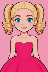 Fototapeta premium Cartoon pretty girl in pink strapless evening dress