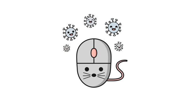 Cute computer mouse character surrounded by floating virus icons.