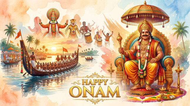 King Mahabali Onam Festival Celebration with Snake Boat Race and Kerala Cultural Heritage Scene