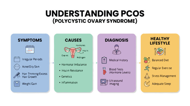 Educational infographic explaining Polycystic Ovary Syndrome symptoms causes diagnosis and healthy lifestyle tips.