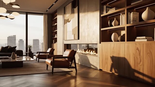 Living room interior features a modern fireplace and elegant wooden shelving filled with minimalist decor items in a sunlit luxury apartment with a panoramic view of the city skyline.