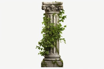 Naklejka premium Single fluted marble column with a classical capital covered in natural green ivy