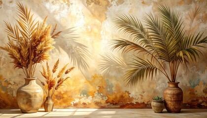Obraz premium Bohemian Dried Pampas Grass and Palm Fronds in Vases with Textured Wall Background.