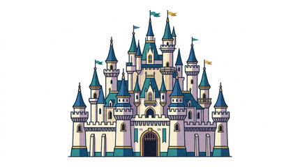 Fairytale Castle Illustration with Blue Turrets and Flags. © Riki
