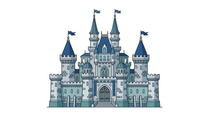 Fairytale Castle Illustration with Blue Tones and Flags. © Riki