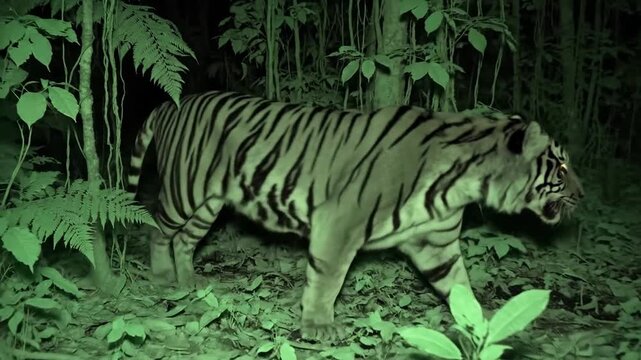 Tiger prowls through dense jungle undergrowth at night