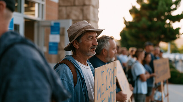 Fathers waiting outside elementary school entrance holding handmade welcome signs for curriculum night, September parent involvement event, school community culture, family engagement, diverse paren