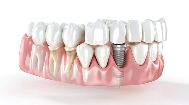 Close-up of a dental implant replacing a missing tooth in a realistic human jaw model.
