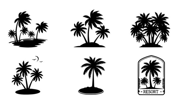 Tropical coconut palm tree silhouettes set and coastal beach resort emblems corporate logo design icons