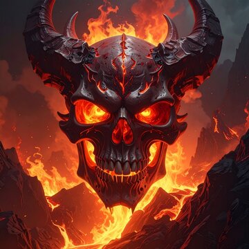 Scary Demon Skull with Horns and Fiery Eyes.