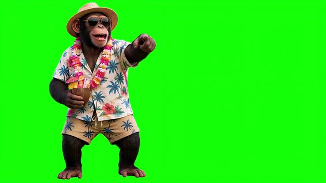 Realistic 3D chimpanzee in summer vacation outfit pointing at the viewer, call to action holiday concept isolated on chroma key green screen background