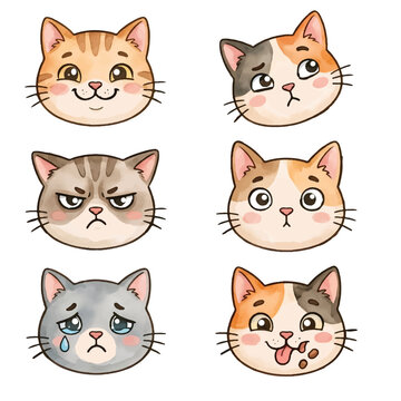 Funny cartoon cat faces collection with cute kitten characters and pet animal illustrations