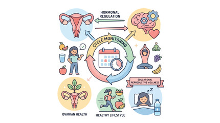 Naklejka premium Infographic illustrating female hormonal cycle monitoring and healthy lifestyle practices.