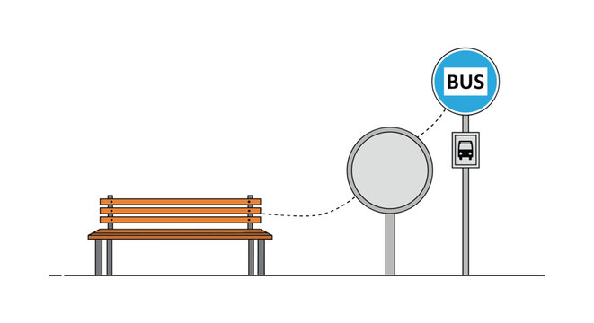 Informative graphic depicts a wooden park bench connected by a dashed line to two circular bus stop signs, illustrating a transit route.