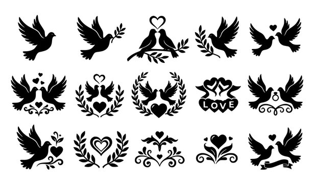 Love and peace dove birds silhouettes collection with hearts and branches wedding decoration vector set