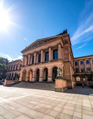 Obraz premium A large tan building with columns and a statue on the steps
