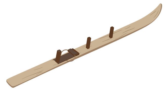 Single vintage wooden ski with a dark brown binding and small upright posts shown in perspective on a white background.