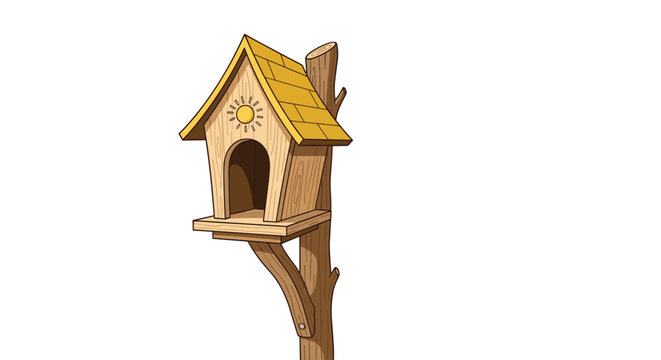 Charming wooden birdhouse with a yellow roof and a sun design mounted on a thick brown post against a white background.