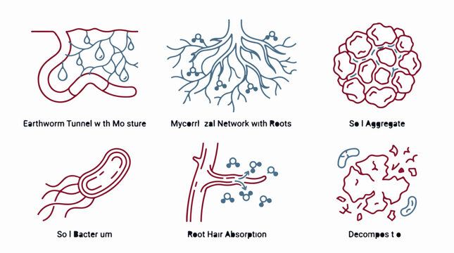 Soil biology and ecosystem processes vector icon set showing earthworm tunnels mycorrhizal networks soil aggregates bacteria and root absorption