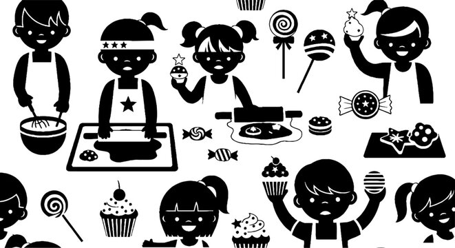 Happy kids baking and enjoying sweet treats pattern
