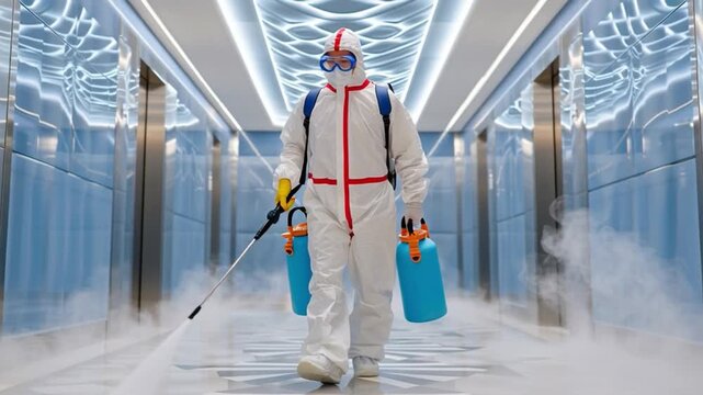 Sanitization Expert: A person in a full hazmat suit, wearing goggles and a respirator, walks down a brightly lit corridor, spraying disinfectant from a backpack sprayer.