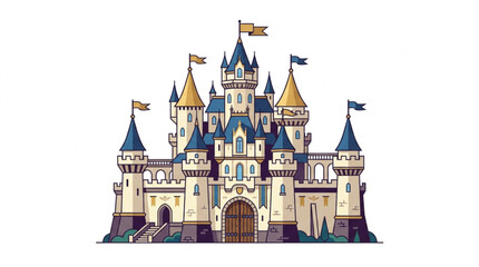 Fairytale Castle Illustration with Flags and Towers. © Riki