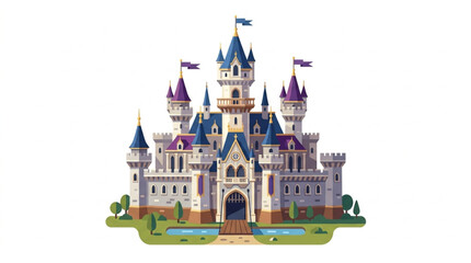 Fairytale Castle Illustration with Flags and Towers. © Riki